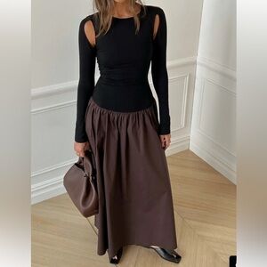 We Wore What  Long Sleeve Dress with Brown drop waist Maxi Skirt.